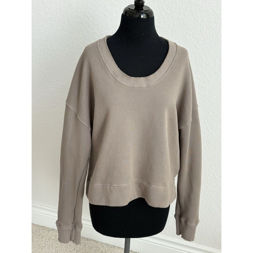 Perfectwhitetee Janie Taupe U-Neck Sweatshirt Large 100% Cotton Slouchy Relaxed
